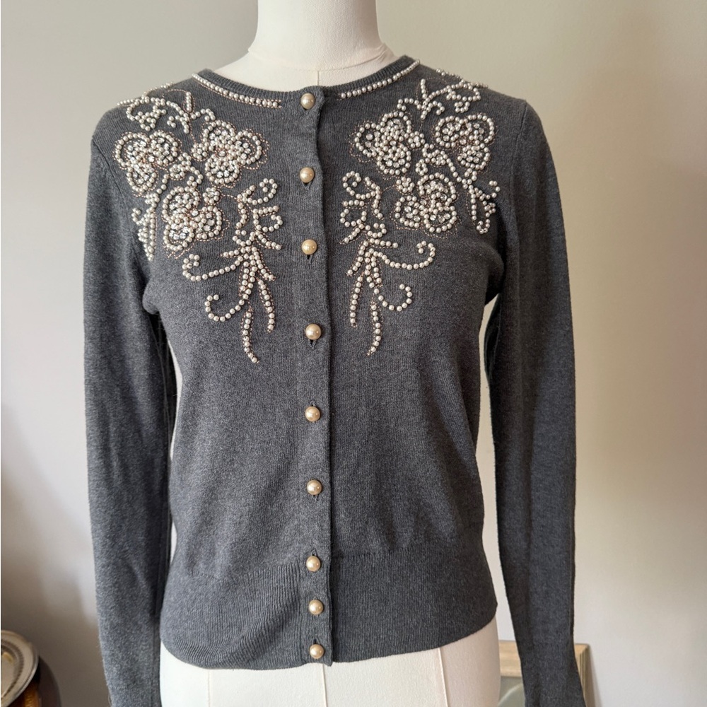 Charcoal Gray Pearl-Embellished Cardigan Sweater